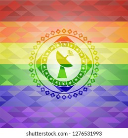radar icon inside emblem on mosaic background with the colors of the LGBT flag