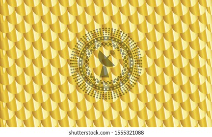 radar icon inside gold emblem or badge. Scales pattern. Vector Illustration. Detailed.
