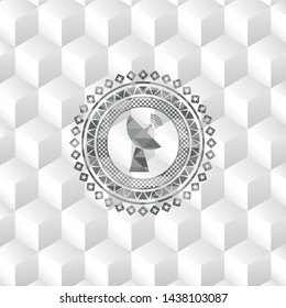 radar icon inside grey emblem. Retro with geometric cube white background