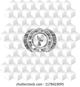 radar icon inside realistic grey emblem with geometric cube white background