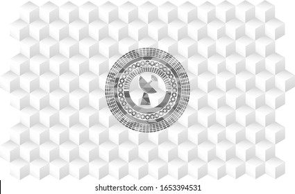 radar icon inside realistic grey emblem with geometric cube white background