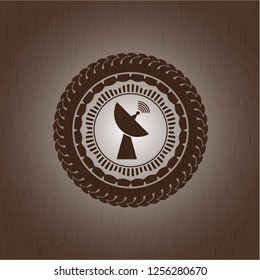 radar icon inside realistic wooden emblem