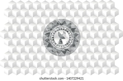 radar icon inside retro style grey emblem with geometric cube white background