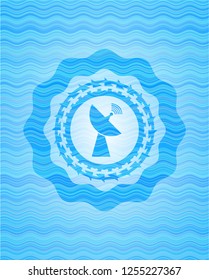 radar icon inside sky blue water badge background.