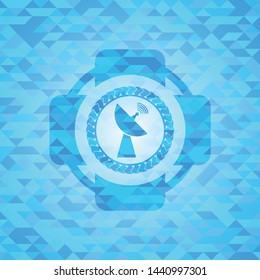 radar icon inside sky blue emblem with triangle mosaic background