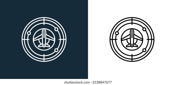 Icono de radar aislado en colores blanco y negro Icono de Vector lineal de contorno de radar de colección aeroportuaria para App móviles, Web y UI.