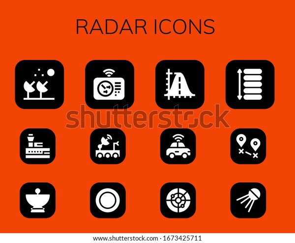 radar icon set. 12 filled radar icons.\
Included Satellite dish, Control tower, Radar, Dish, Parabola,\
Autonomous car, Spacing, Destination, Sputnik\
icons