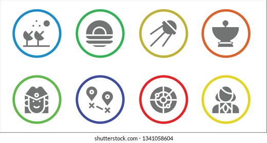 radar icon set. 8 filled radar icons.  Collection Of - Satellite dish, Stewardess, Dish, Destination, Sputnik, Radar
