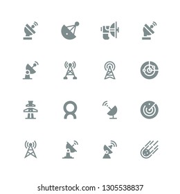 radar icon set. Collection of 16 filled radar icons included Meteorite, Antenna, Satellite dish, Radar, Comet, Parabolic