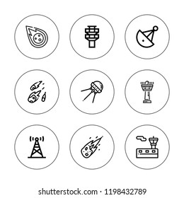 Radar icon set. collection of 9 outline radar icons with antenna, control tower, meteorite, satellite dish icons. editable icons.