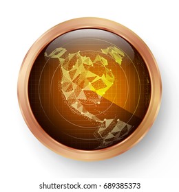 Radar Icon Vector. Realistic Surveillance Radar Screen Illustration On Round Metal Frame. North America. Map With Luminous Reflection.