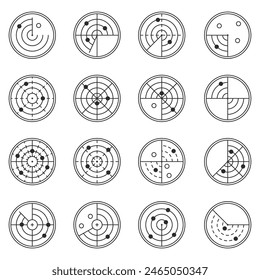 Radar icons. Set of Radar screen icons. Signal concentric circles. Sonar sound waves isolated on white background.