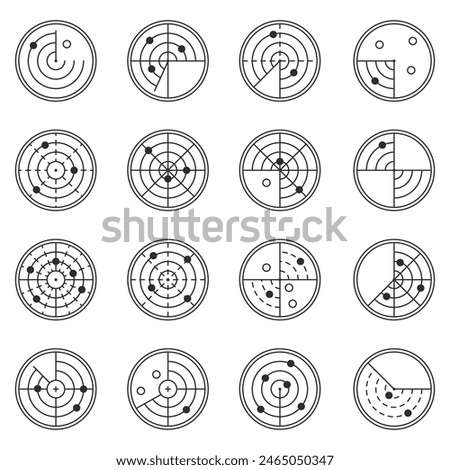 Radar icons. Set of Radar screen icons. Signal concentric circles. Sonar sound waves isolated on white background.