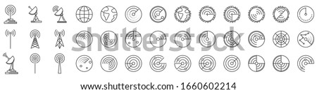 Radar icons. Set of Radar screen icons. Vector illustration. Radar linear icons isolated.