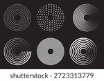 Radar icons, sonar waves, radial concentric signal circles, echo sounder symbols. Vector linear black and white and halftone illustration isolated on a transparent background.