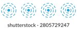 Radar icons, sonar waves, radial concentric signal circles, echo sounder symbols. Vector linear black and white and halftone illustration isolated on a transparent background.