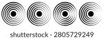 Radar icons, sonar waves, radial concentric signal circles, echo sounder symbols. Vector linear black and white and halftone illustration isolated on a transparent background.