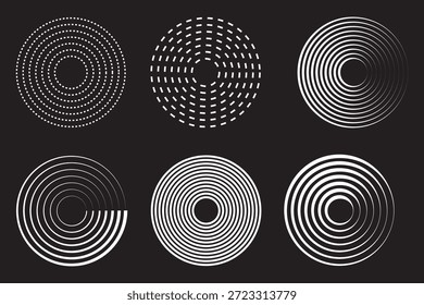 Radar icons, sonar waves, radial concentric signal circles, echo sounder symbols. Vector linear black and white and halftone illustration isolated on a transparent background.