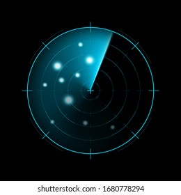 Radar isolated on dark background. Military search system. HUD radar display. Vector illustration