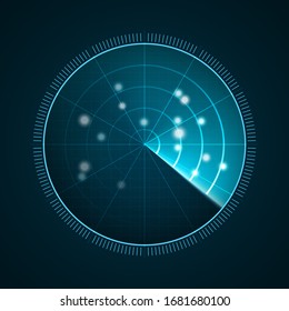 Radar isolated on dark background. Military search system. HUD radar display. Vector illustration
