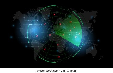 Radar Monitor. Air Traffic Control Radar Screen And Plane That Is Flying In The Screen. Background Is A World Map. Vector Illustration Eps10