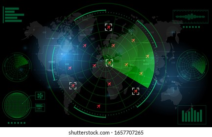 Radar Monitor. Air Traffic Control Radar Screen And Plane That Is Flying In The Screen. Background Is A World Map. Vector Illustration Eps10