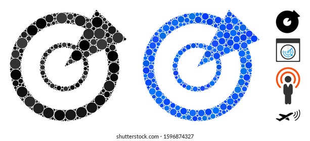 Radar mosaic of round dots in various sizes and color tinges, based on radar icon. Vector round dots are united into blue collage. Dotted radar icon in usual and blue versions.
