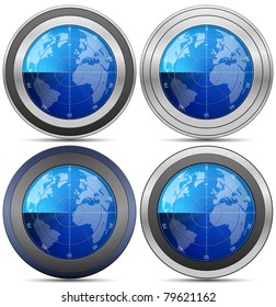 Radar. Oscilloscope monitor with a world map. Vector Illustration