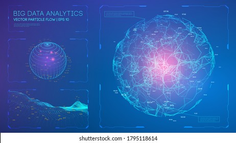 Radar panel data intelligence. Matrix tech digital hud. Future polygon space dashboard. Polygonal explosion with matrix particles. Cyber model of power. Bitcoin mining concept.