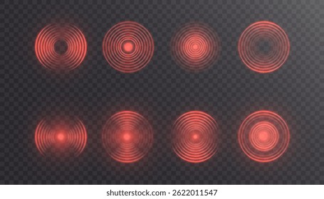 Elementos de interface de pulso de radar com anéis concêntricos e rotação de varredura em vermelho. Efeitos visuais circulares brilhantes para detecção de sinais e sistemas de rastreamento digital.