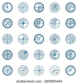 Radar round colored icons vector set. Sonar or radio waves detection system creative signs or design elements