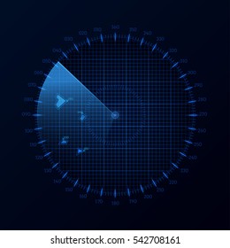 Radar round screen, isolated on black. Vector illustration