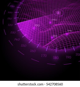 Radar round screen, isolated on black. Vector illustration