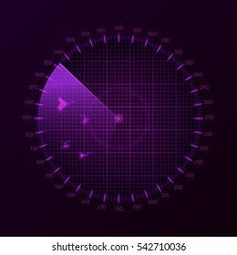 Radar round screen, isolated on black. Vector illustration