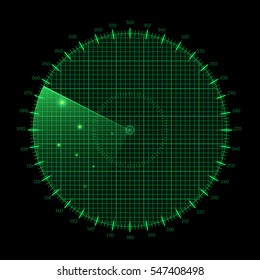 Radar round screen, isolated on black. Vector illustration