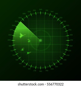 Radar round screen, isolated on black. Vector illustration