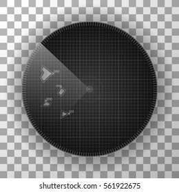 Radar round screen, isolated on transparent. Vector illustration.