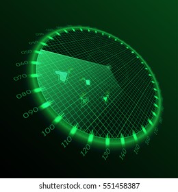 Radar round screen in perspective, on black background. Vector illustration