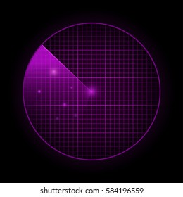 Radar round screen in perspective, on black background. Vector illustration