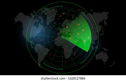 Radar Screen, Air Traffic Control Radar Monitor. Background Is A World Map