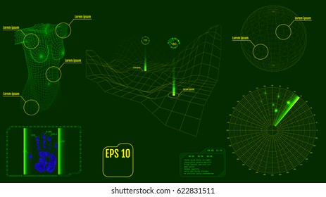 Radar screen with body, planet, map, targets and futuristic user interface HUD. Green infographic elements. Vector illustration.