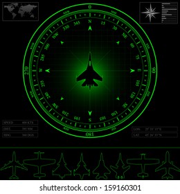 Radar screen with compass surrounding jet fighter. Commercial jets and piston planes optional, eps 10.