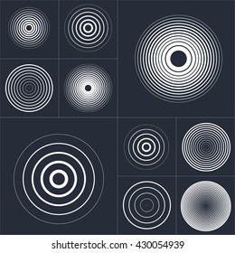 Radar screen concentric circle element set. Sound wave. Circle spin target. Radio station signal. Center minimal radial ripple line outline.