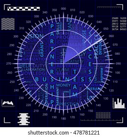 Radar screen with different business words of blue and white shades