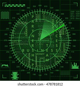 Radar screen with different business words of green shades