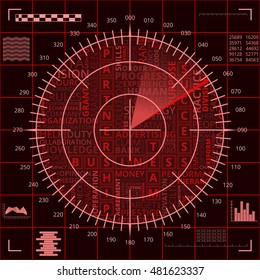 Radar screen with different business words of red shades