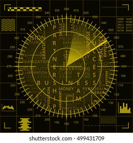 Radar screen with different business words of yellow shades