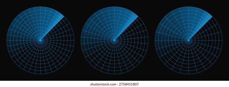 Pantalla de radar con foco de terremoto en la nave. Efecto de luz satelital en alerta de sonar militar. Gps brújula objetivo y hud círculo tablero. Escaneo de mapa azul, ícono de Vector de tecnología. Interfaz espía para la defensa del enemigo