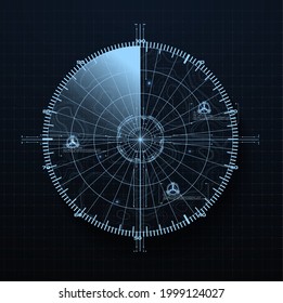 Radar Screen In Futuristic HUD Style. Air Search Gadget. Military Search, System Aim. Fui Army Target Monitoring Screen And Radar Vision Interface Or Navy Submarine Satellite Display Interface. Vector