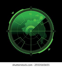 Radarschirm grünes Scannen umgebenden und ankommenden Luftverkehr realistische Vektorgrafik. Militärische Marineschutzüberwachung mit dem Ziel der Sicherheitssuche